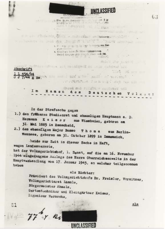 Aus dem Todesurteil des „Volksgerichtshofs“ gegen Hermann Kaiser und Busso Thoma, 17. Januar 1945